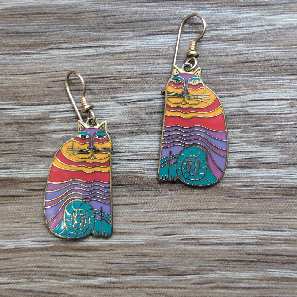 Vtg Laurel Burch Rainbow Cats Earrings Gold Tone Enamel Dangle Drop Signed